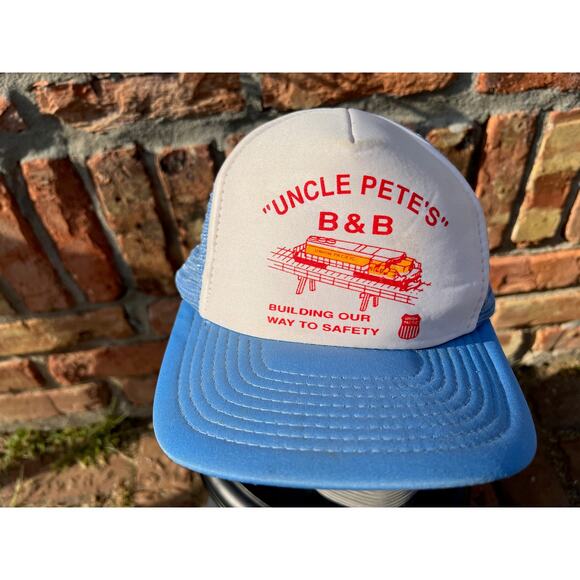 Trucker hat "Uncle Pete's" B & B Union Pacific mesh back blue red yellow - Picture 2 of 11